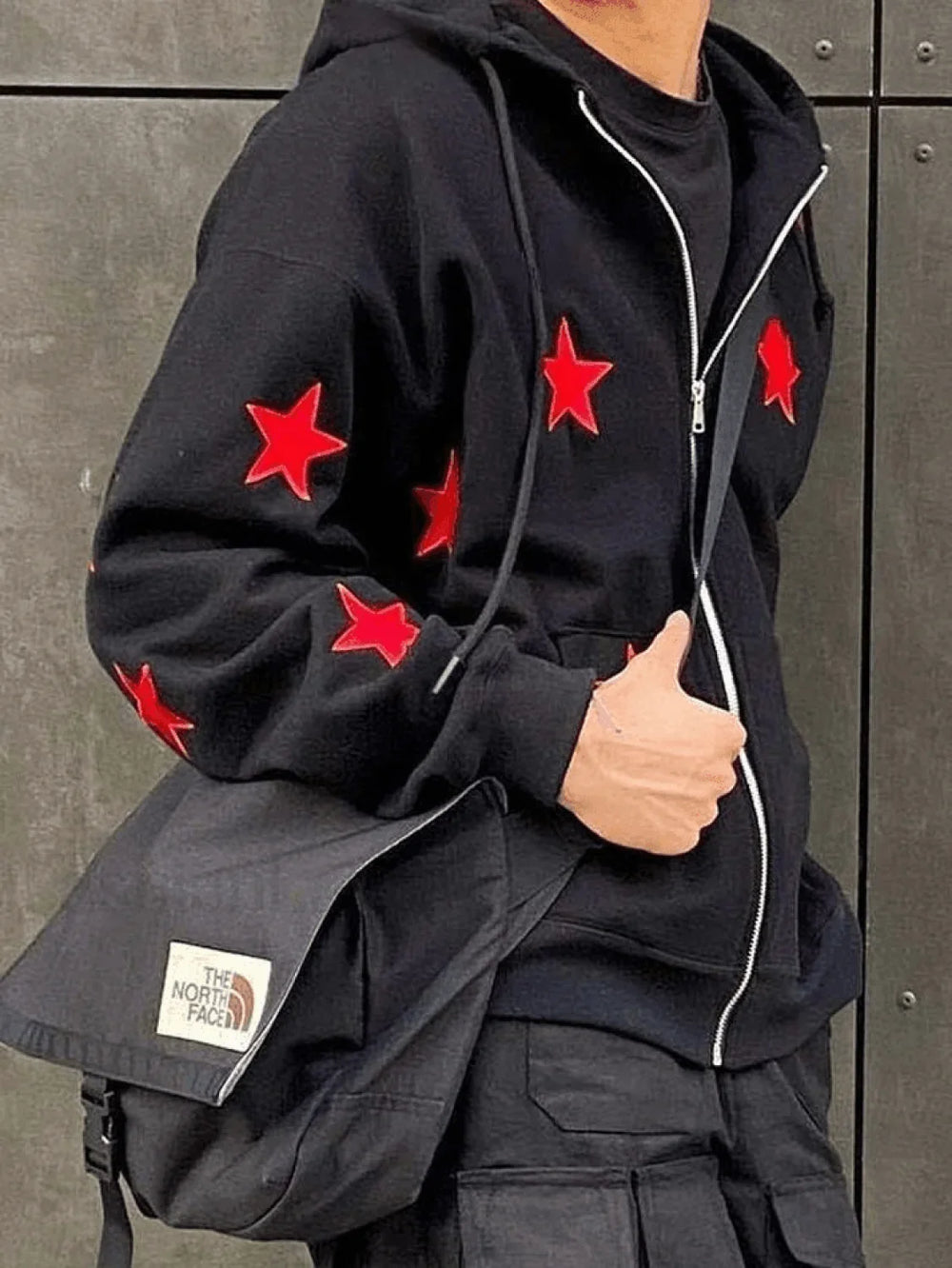 Men’s Patch Star Zip Up Hoodie Sweatshirts & Hoodies L