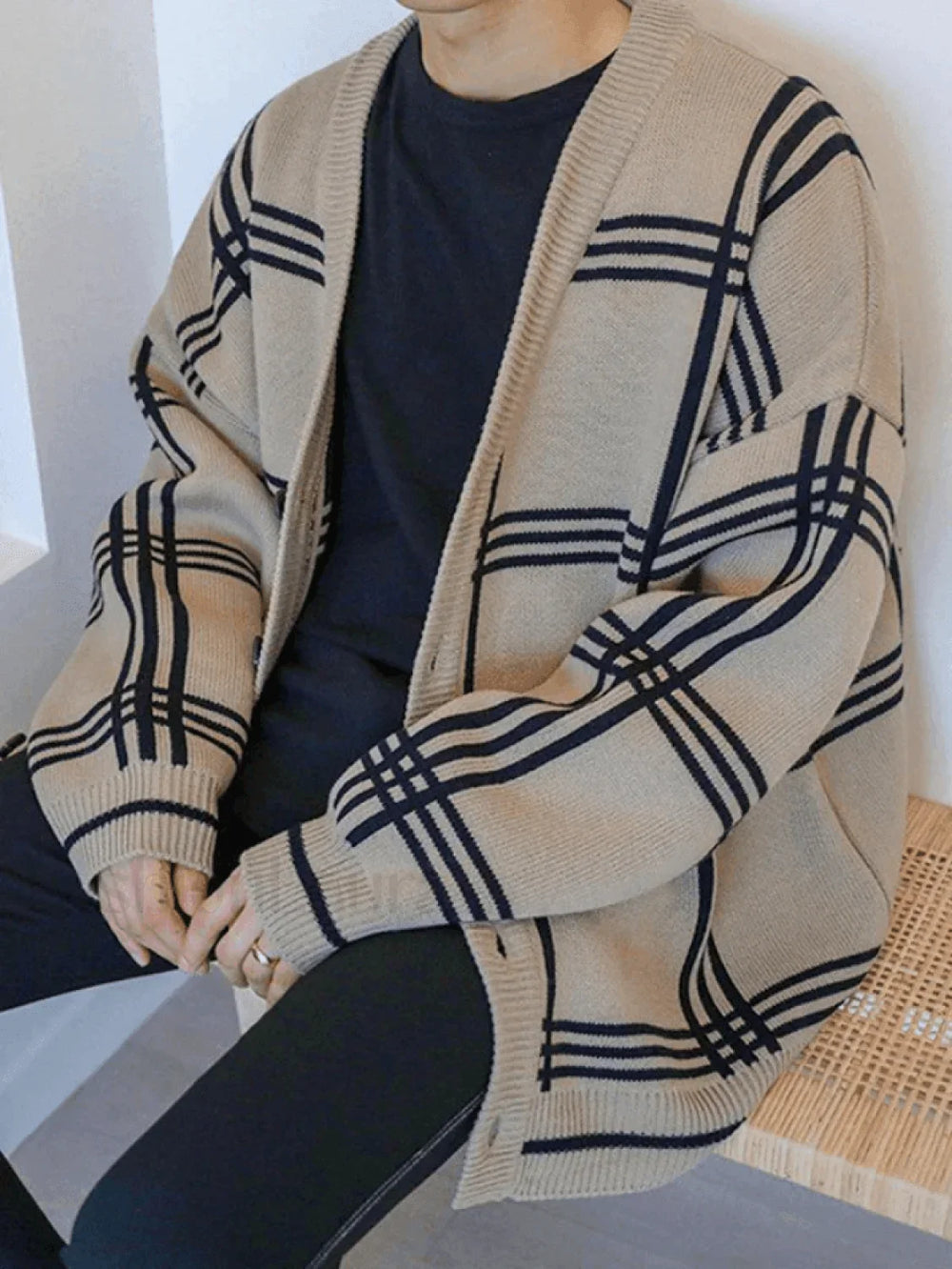 Men’s V Neck Checkered Cardigan Khaki / M Sweaters