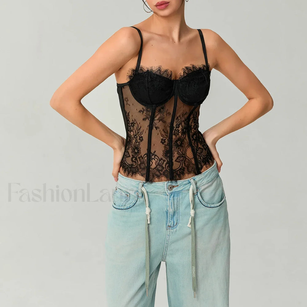 Mesh Bustier Lace Embroidery Corset Spaghetti Strap Crop Top