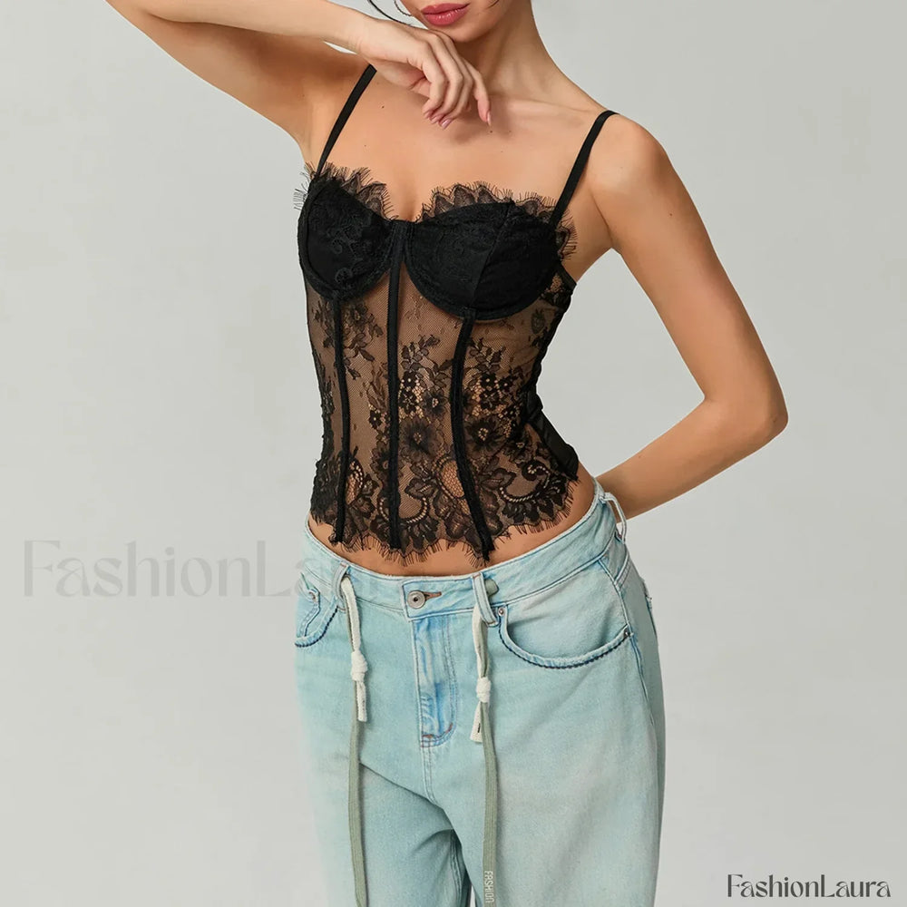 Mesh Bustier Lace Embroidery Corset Spaghetti Strap Crop Top