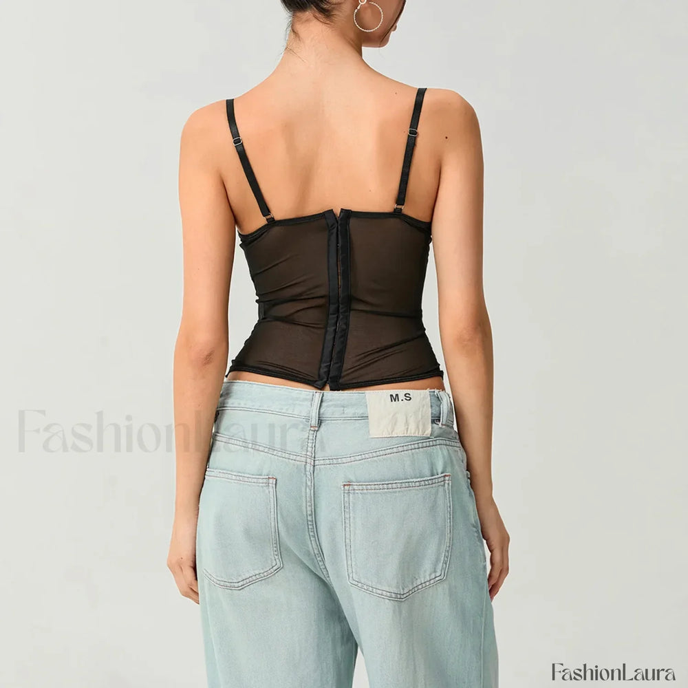 Mesh Bustier Lace Embroidery Corset Spaghetti Strap Crop Top