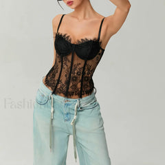 Mesh Bustier Lace Embroidery Corset Spaghetti Strap Crop Top