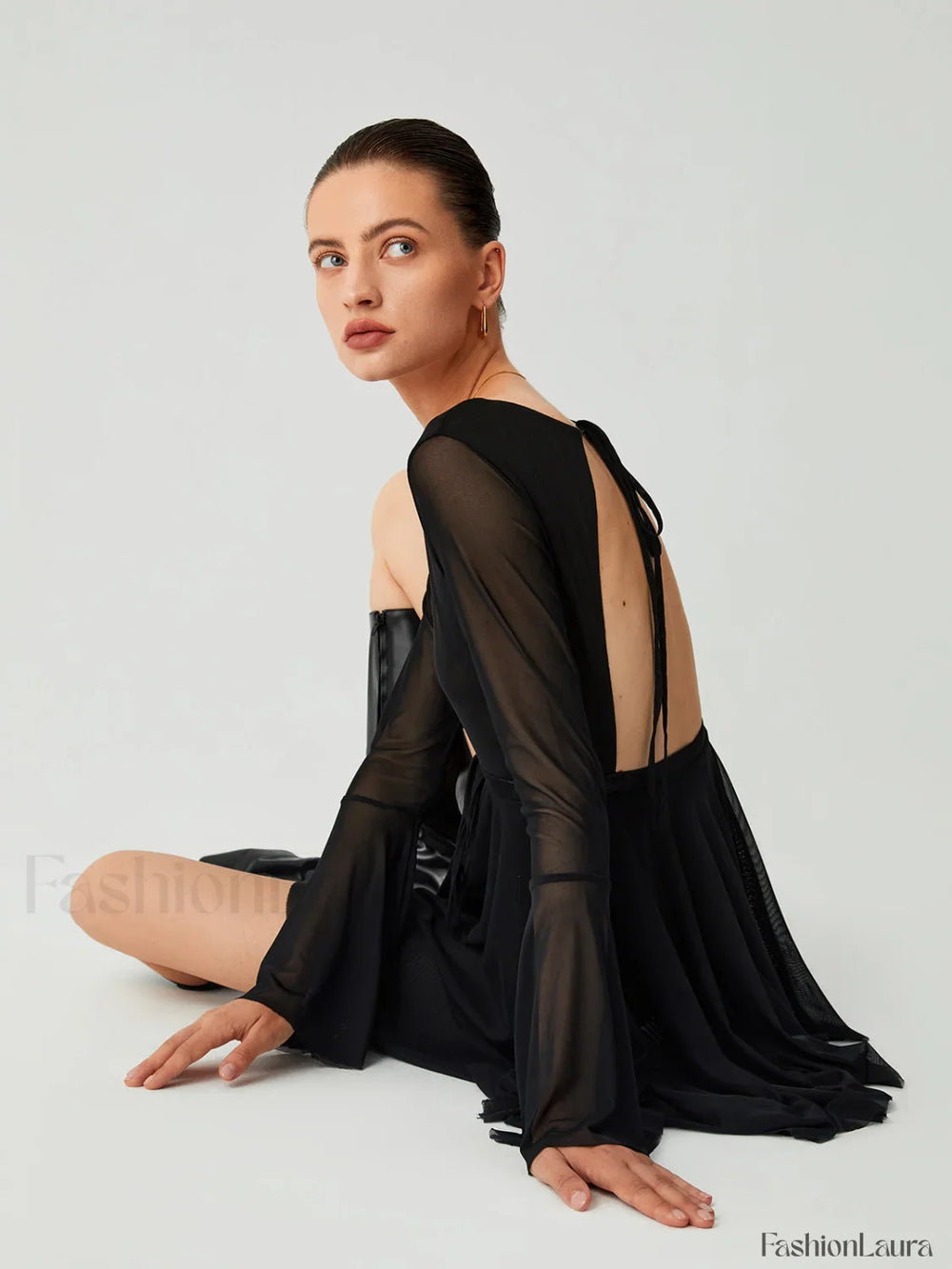 Mesh Flare Sleeve Trendy Open Back Short Dress Dresses