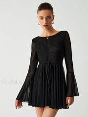 Mesh Flare Sleeve Trendy Open Back Short Dress Dresses