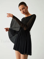 Mesh Flare Sleeve Trendy Open Back Short Dress Dresses
