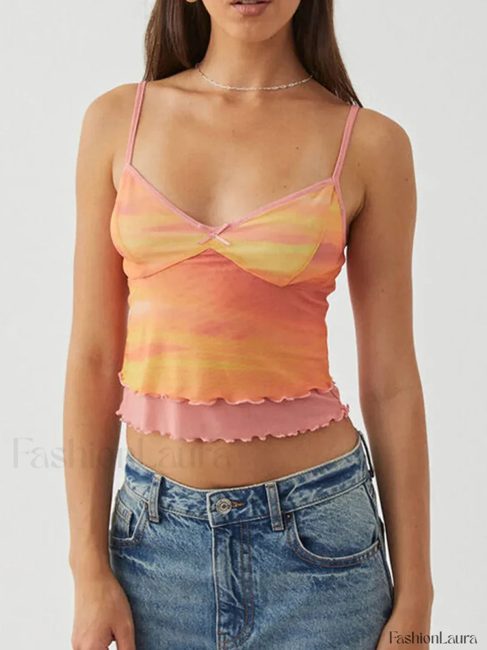 Mesh Graphic Bow Ruffle Crop Top Orange / S