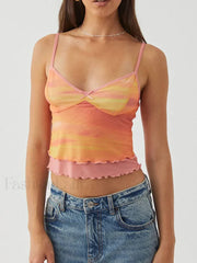 Mesh Graphic Bow Ruffle Crop Top Orange / S