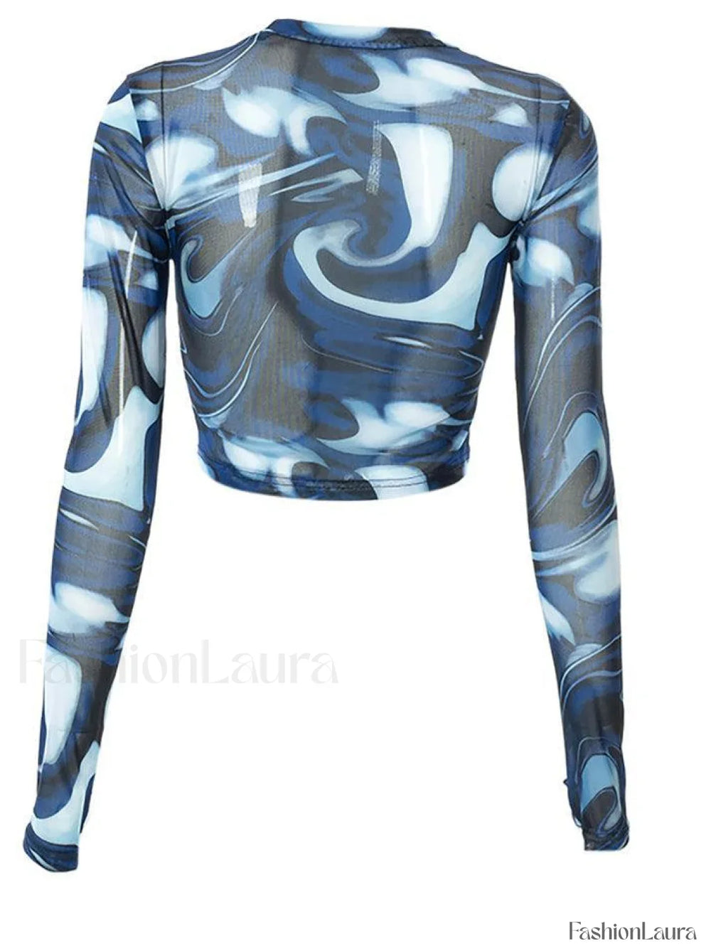 Mesh Long Sleeve Marble Print Crop Top Tops&Tees