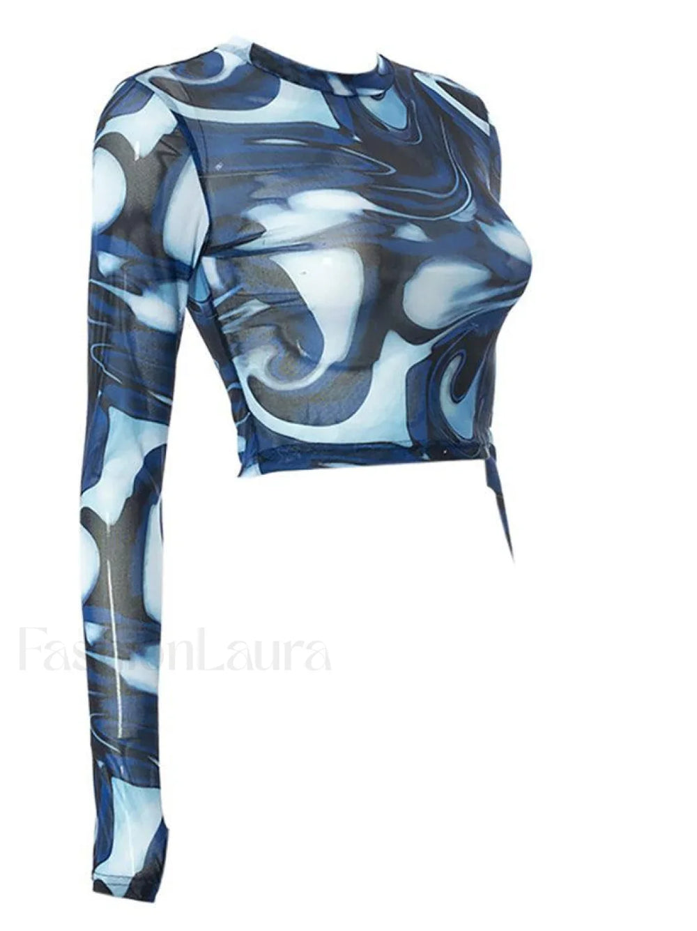 Mesh Long Sleeve Marble Print Crop Top Tops&Tees