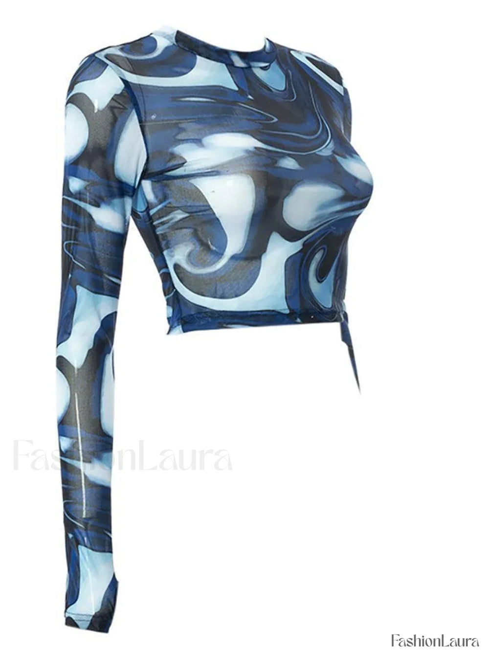 Mesh Long Sleeve Marble Print Crop Top Tops&Tees