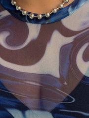 Mesh Long Sleeve Marble Print Crop Top Tops&Tees