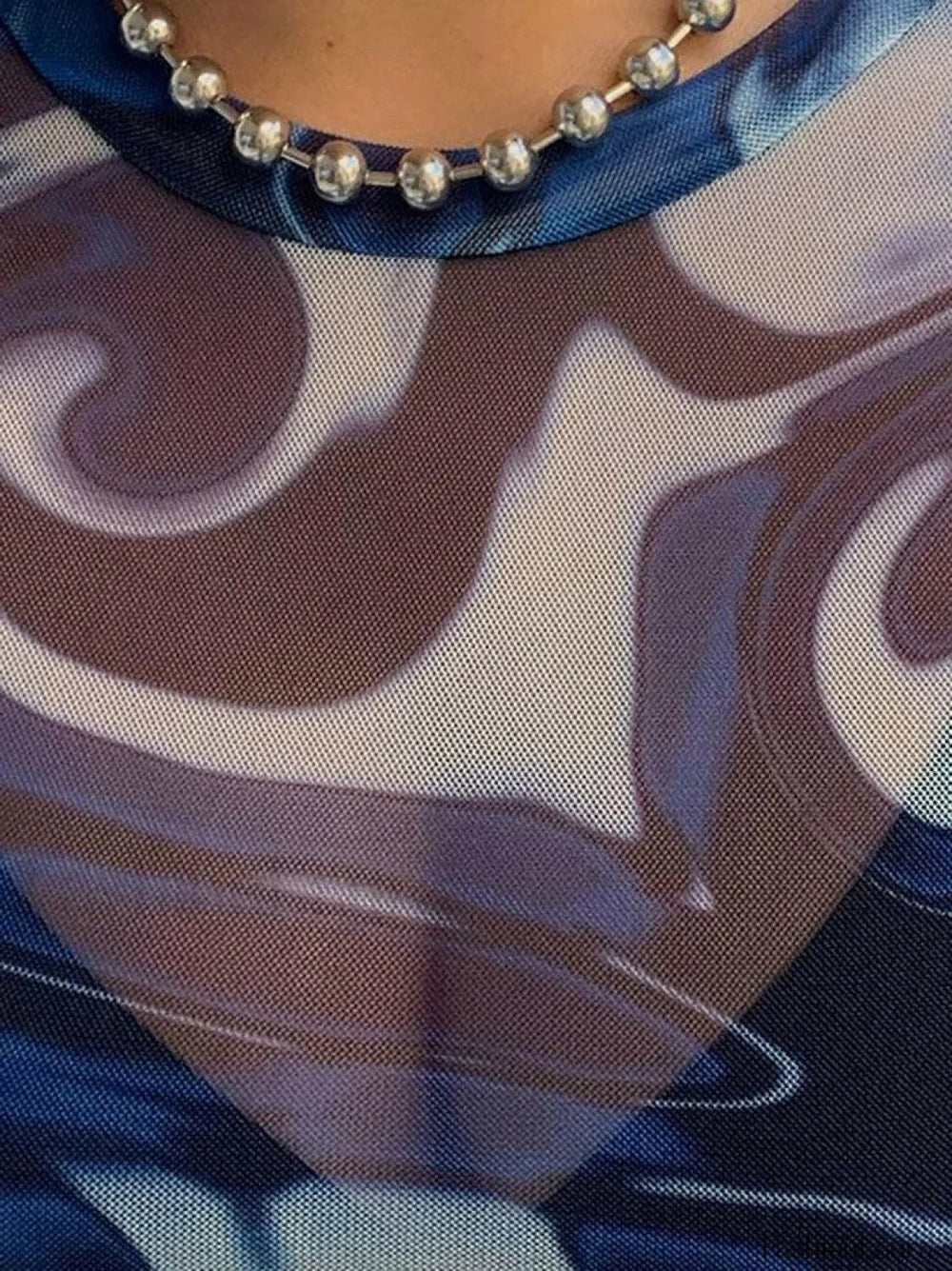 Mesh Long Sleeve Marble Print Crop Top Tops&Tees