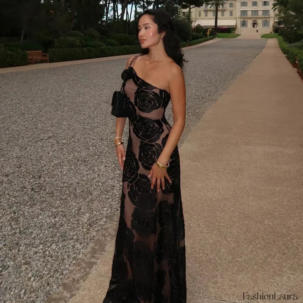 Mesh One Shoulder Flower Maxi Dress