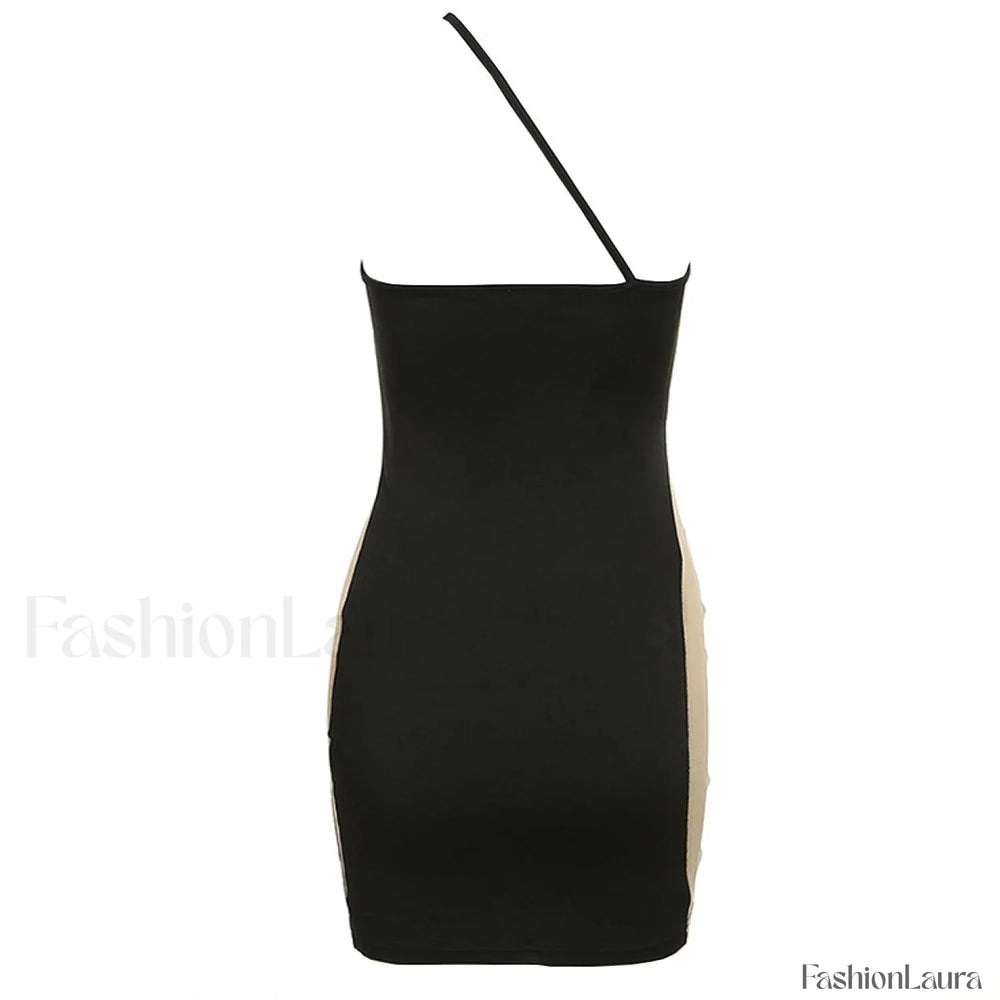 Mesh Panel One Shouder Bodycon Party Mini Dress Black Party Dresses L