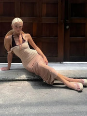 Mesh Patchwork Pleated Midi Dress