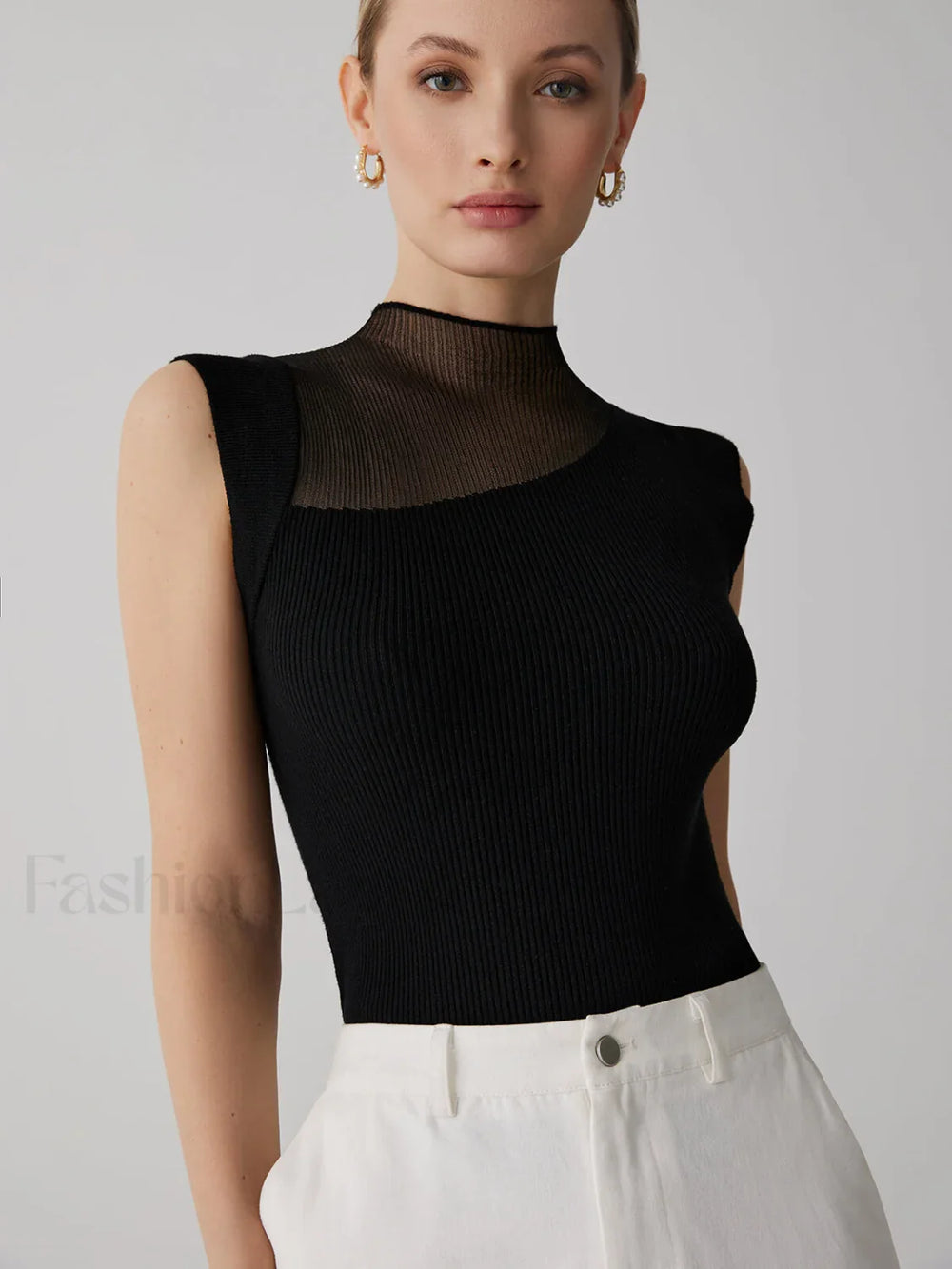 Mesh Patchwork Sleeveless Top Black / XS Knit Tops