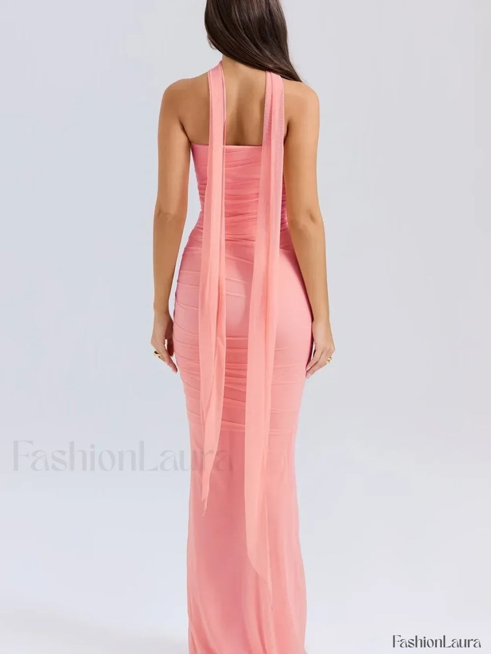 Mesh Patchwork Two Piece Maxi Dress Pink / S