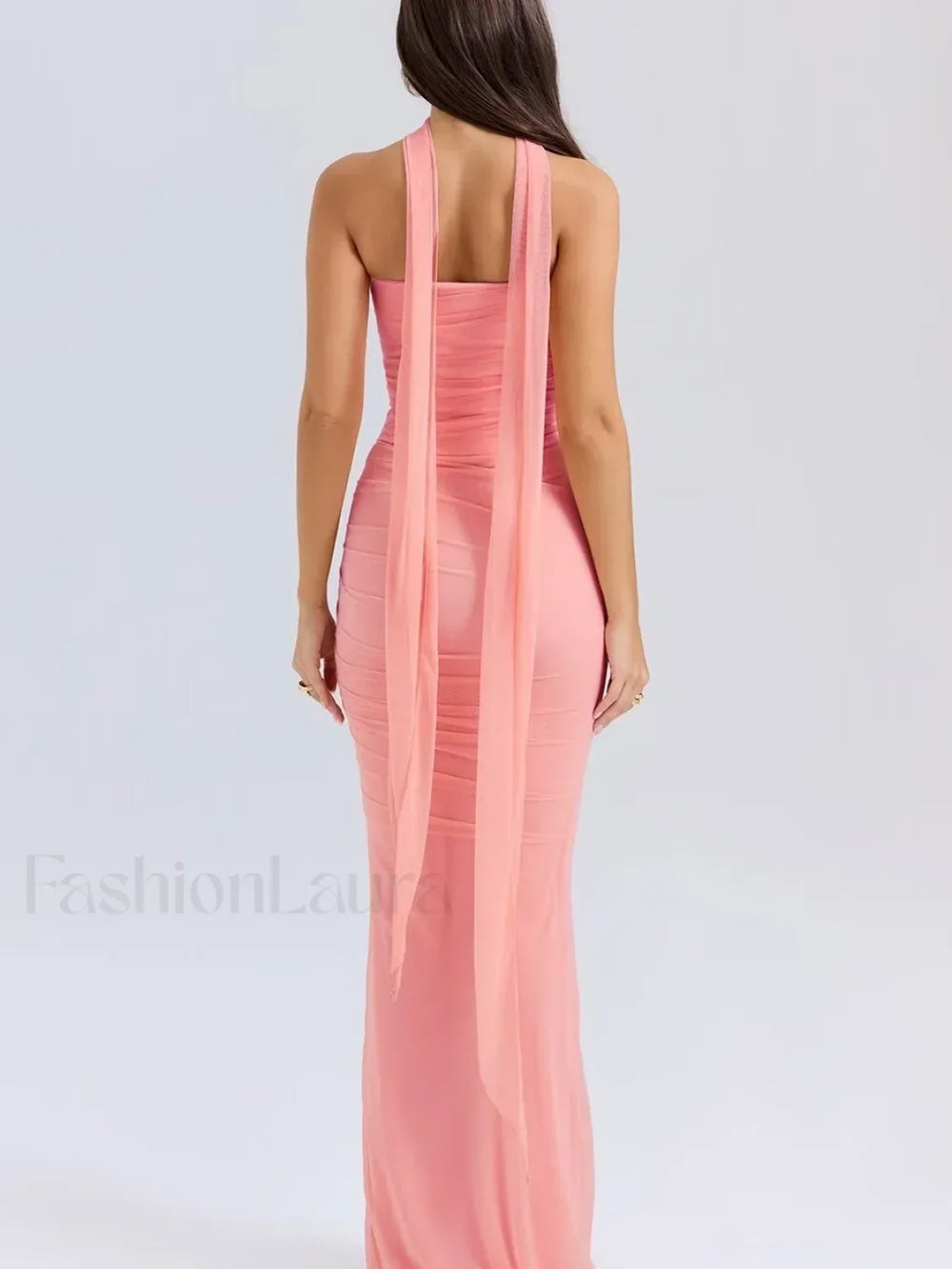 Mesh Patchwork Two Piece Maxi Dress Pink / S