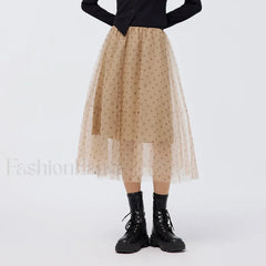 Mesh Polka Dot Umbrella Skirt coffee / S