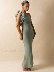 Mesh Ruched Oblique Maxi Dress