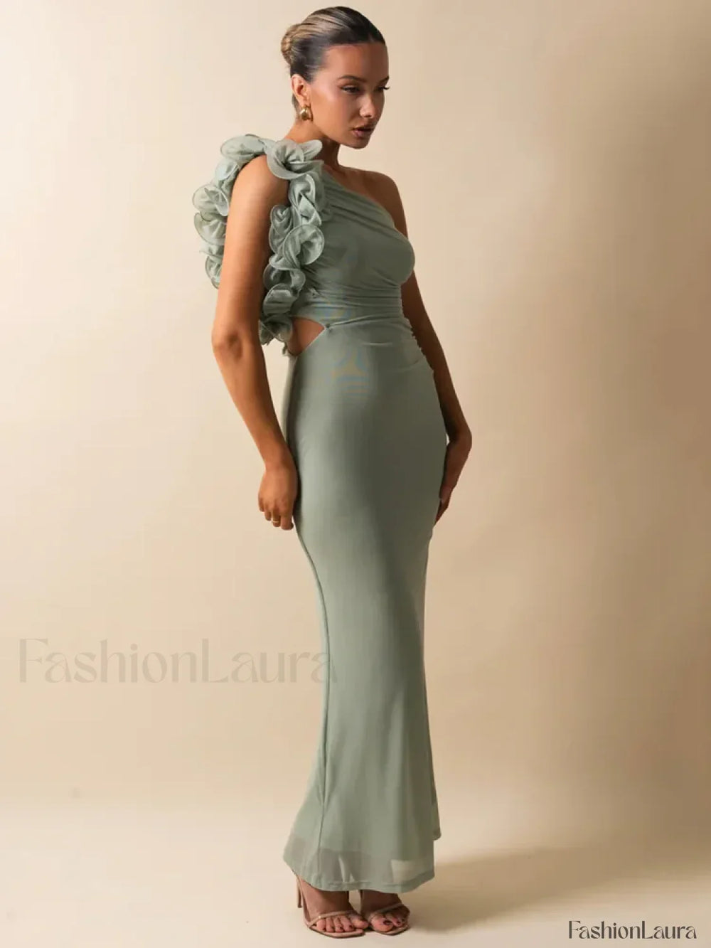 Mesh Ruched Oblique Maxi Dress