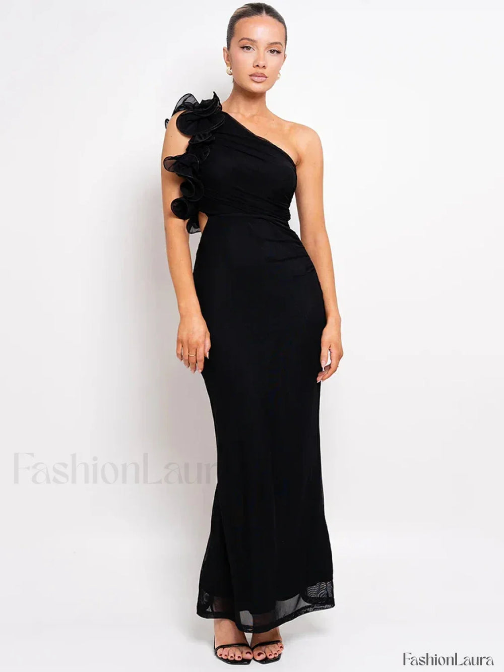 Mesh Ruched Oblique Maxi Dress Black / S