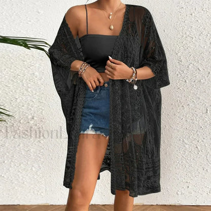 Mesh Sheer 3/4 Sleeve Cover Up Black / One Size