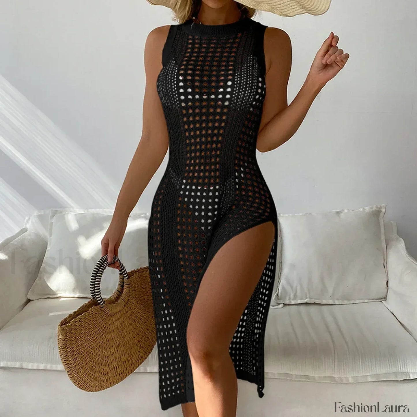Mesh Sleeveless Slit Beach Cover Up Black / One Size