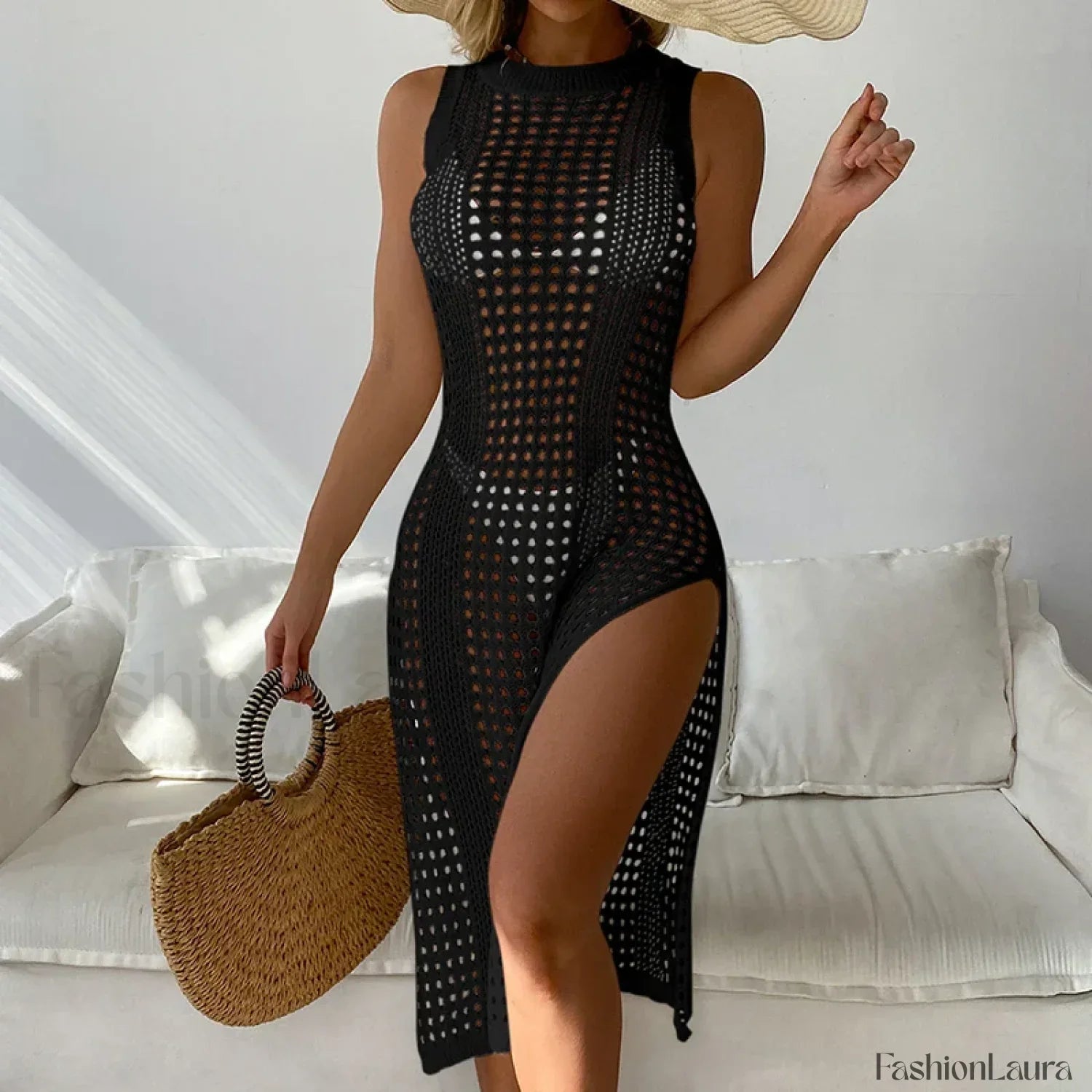Mesh Sleeveless Slit Beach Cover Up Black / One Size
