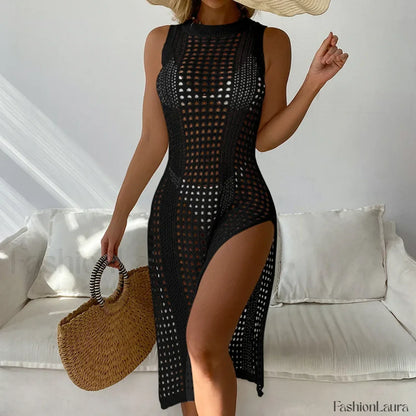 Mesh Sleeveless Slit Beach Cover Up Black / One Size