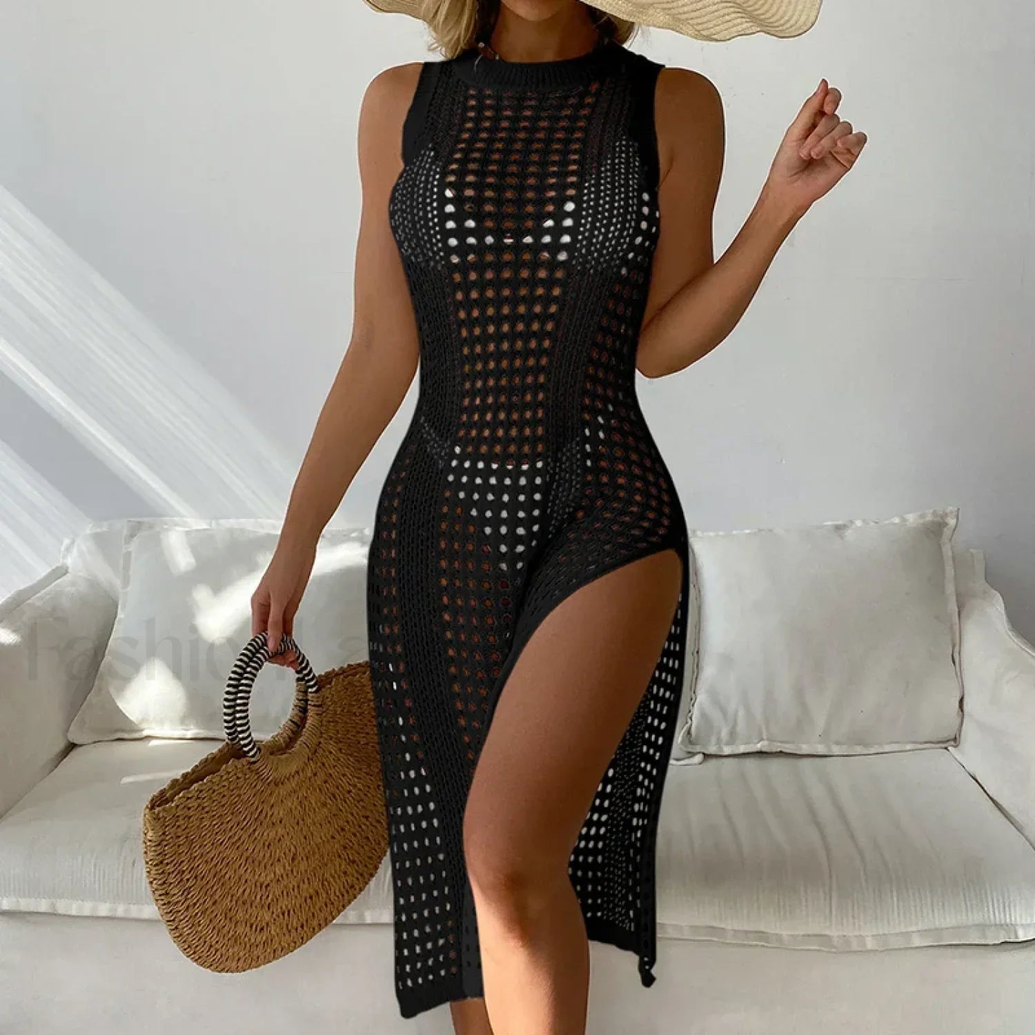 Mesh Sleeveless Slit Beach Cover Up Black / One Size