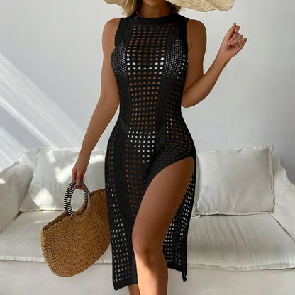 Mesh Sleeveless Slit Beach Cover Up Black / One Size