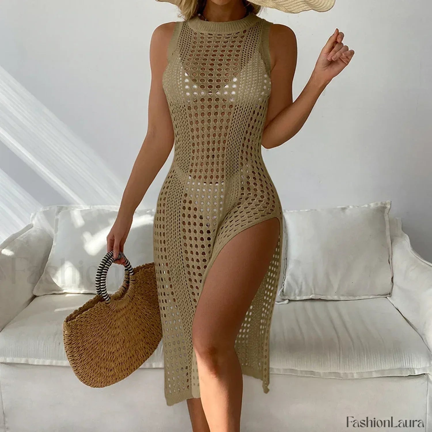 Mesh Sleeveless Slit Beach Cover Up Khaki / One Size