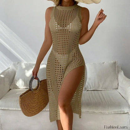 Mesh Sleeveless Slit Beach Cover Up Khaki / One Size