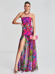 Mesh Slit Colorful Maxi Dress pink / S