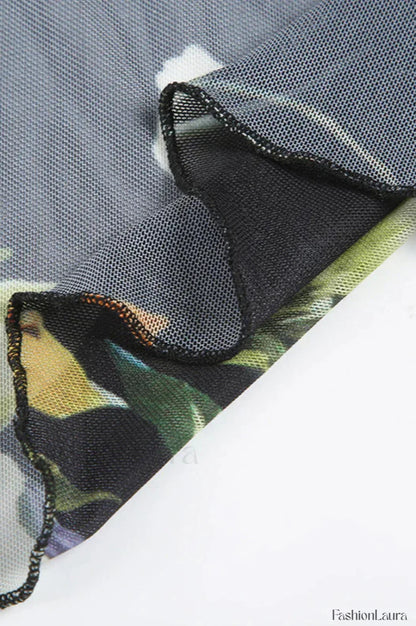 Mesh Stitching Irregular Pleated Plant Print Maxi Dress