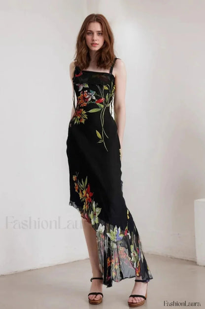 Mesh Stitching Irregular Pleated Plant Print Maxi Dress