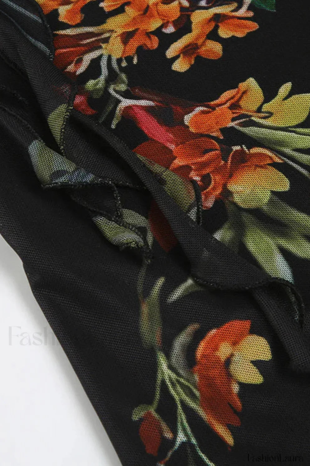 Mesh Stitching Irregular Pleated Plant Print Maxi Dress