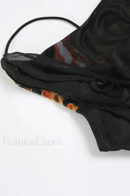 Mesh Stitching Irregular Pleated Plant Print Maxi Dress