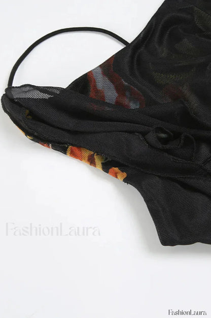 Mesh Stitching Irregular Pleated Plant Print Maxi Dress