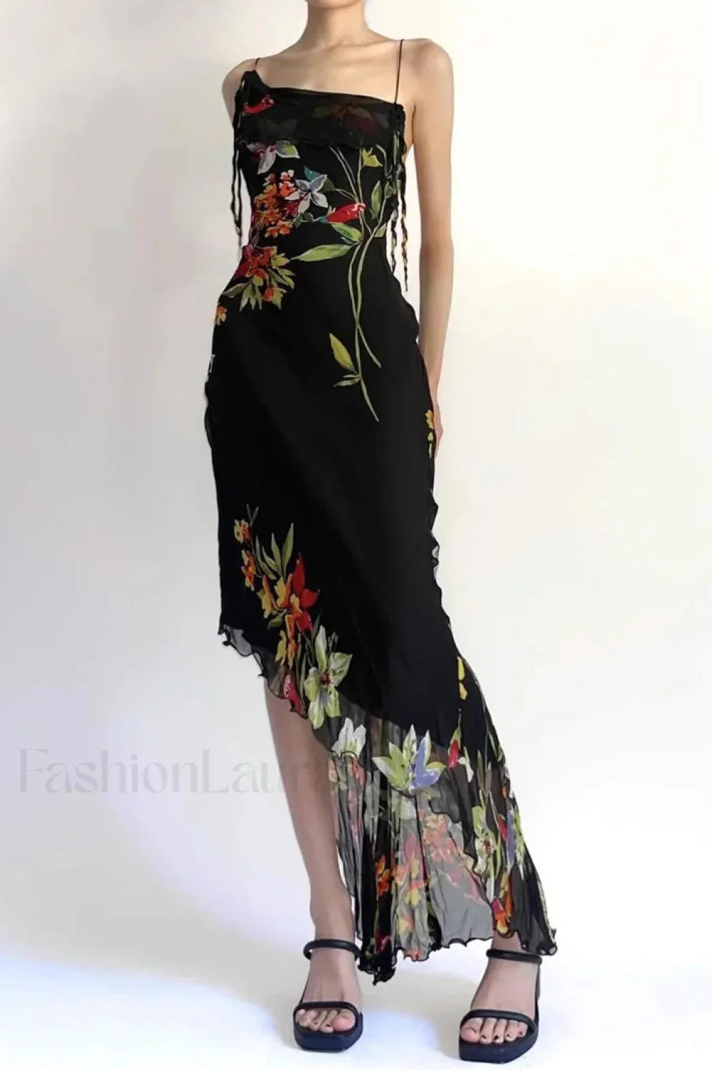 Mesh Stitching Irregular Pleated Plant Print Maxi Dress