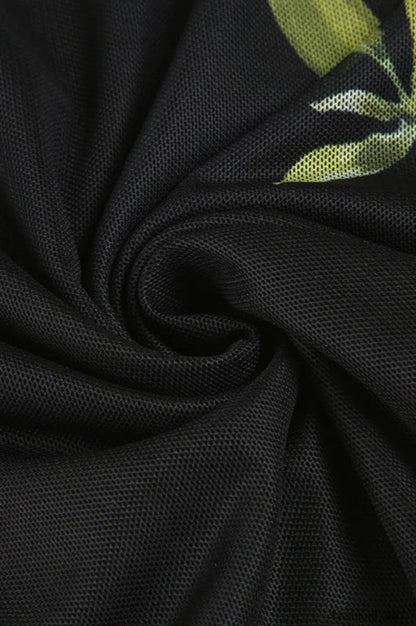 Mesh Stitching Irregular Pleated Plant Print Maxi Dress