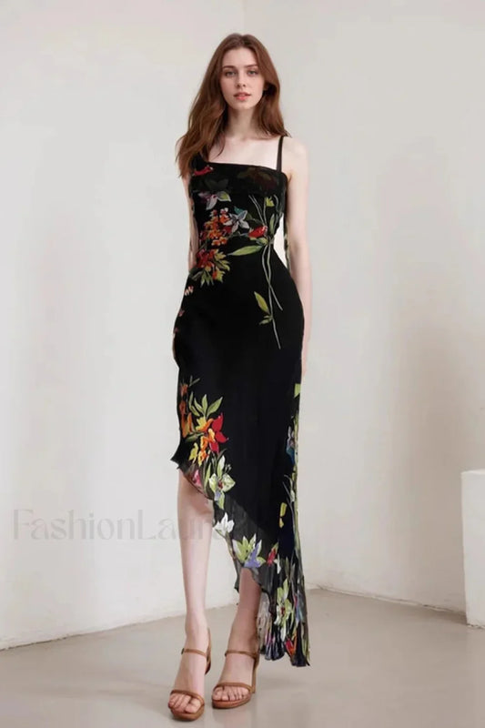 Mesh Stitching Irregular Pleated Plant Print Maxi Dress Black / S
