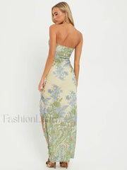 Mesh Strapless Split Maxi Dress