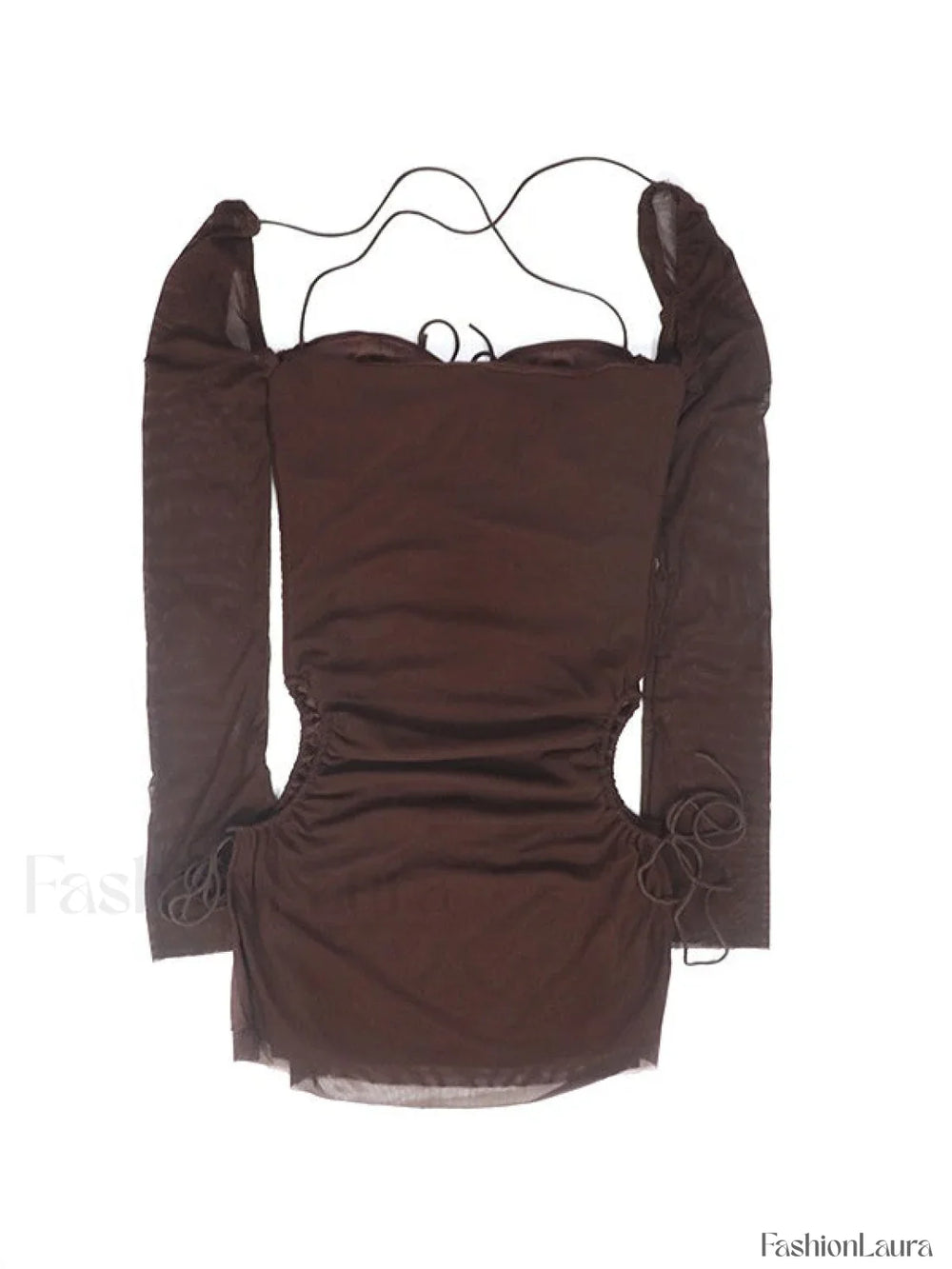 Mesh Tie Strap Halter Long Sleeve Mini Dress Mini Dresses