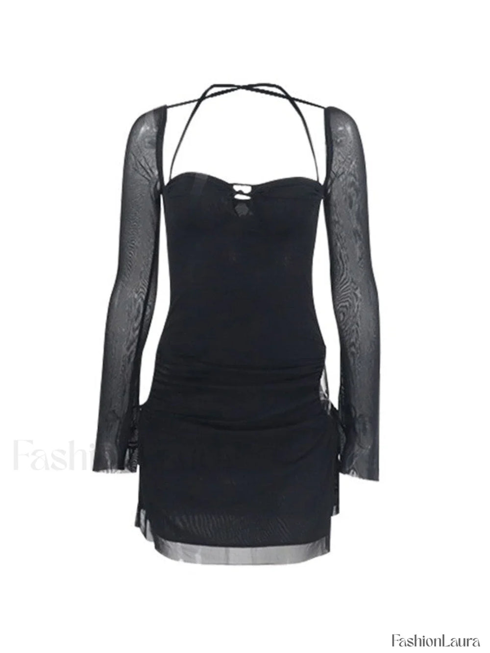 Mesh Tie Strap Halter Long Sleeve Mini Dress Mini Dresses