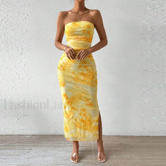 Mesh Wrap Split Floral Dress