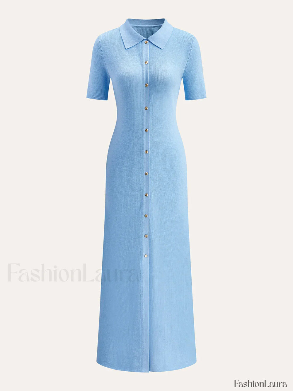 Metal Button Collar Midi Dress LightBlue / XS Knit Dresses