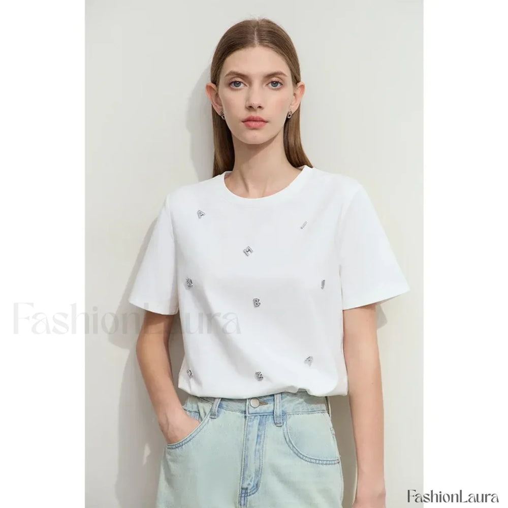 Metal Letter Print Cotton T Shirt Beige / S