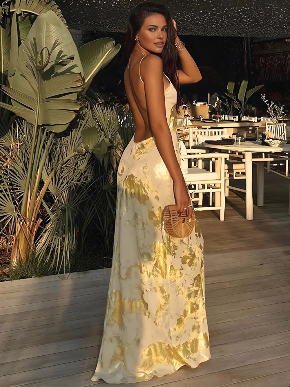 Metallic Print V Neck Backless Slip Long Dress Dresses